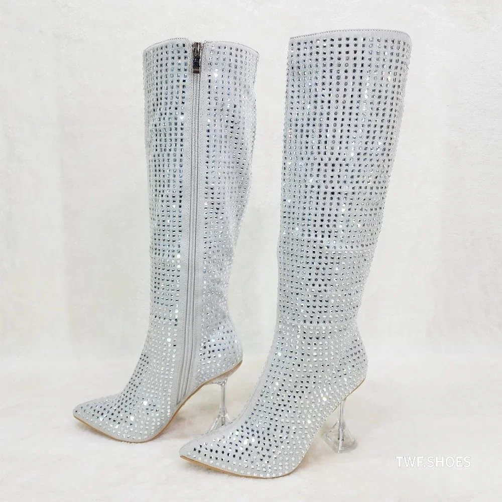 Glamour Shot Silver Mirror Rhinestone 4" Pyramid Heel Knee High Boots